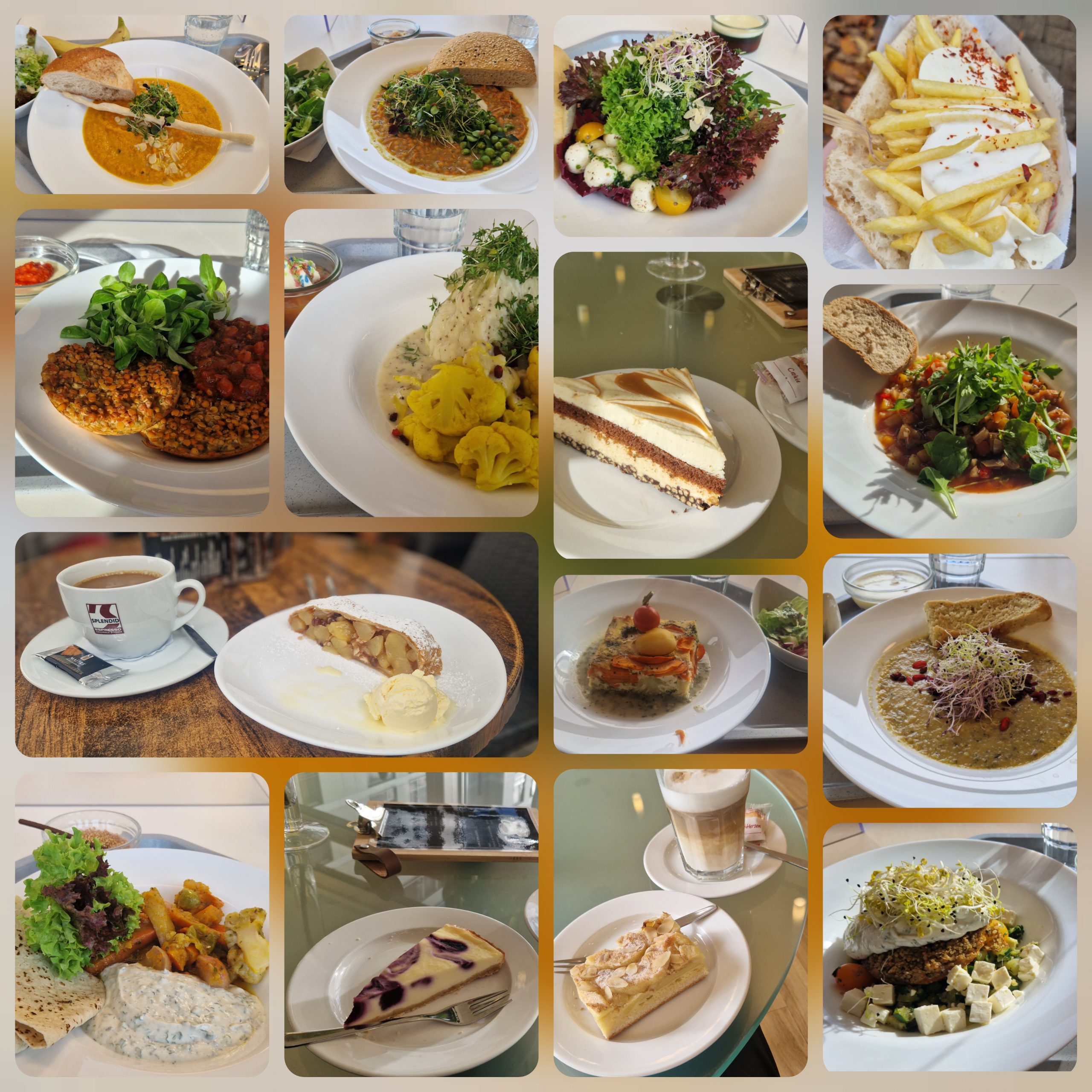 Collage von Kuchen und Mittagessen aus der Kantine in der Reha-Klinik Clausthal-Zellerfeld