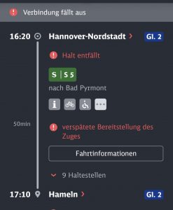 Screenshot aus der Bahnapp wegen einer Verzögerung