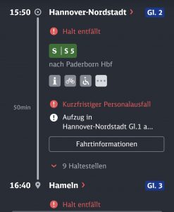 Screenshot aus der Bahnapp wegen einer Verzögerung