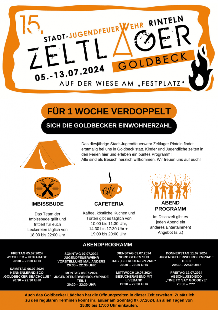 Flyer für das Stadt-Zeltlager der Jugendfeuerwehr Rinteln 2024 in Goldbeck