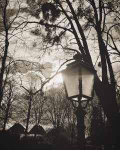 Eine Laterne im Park in schwarz und weiß